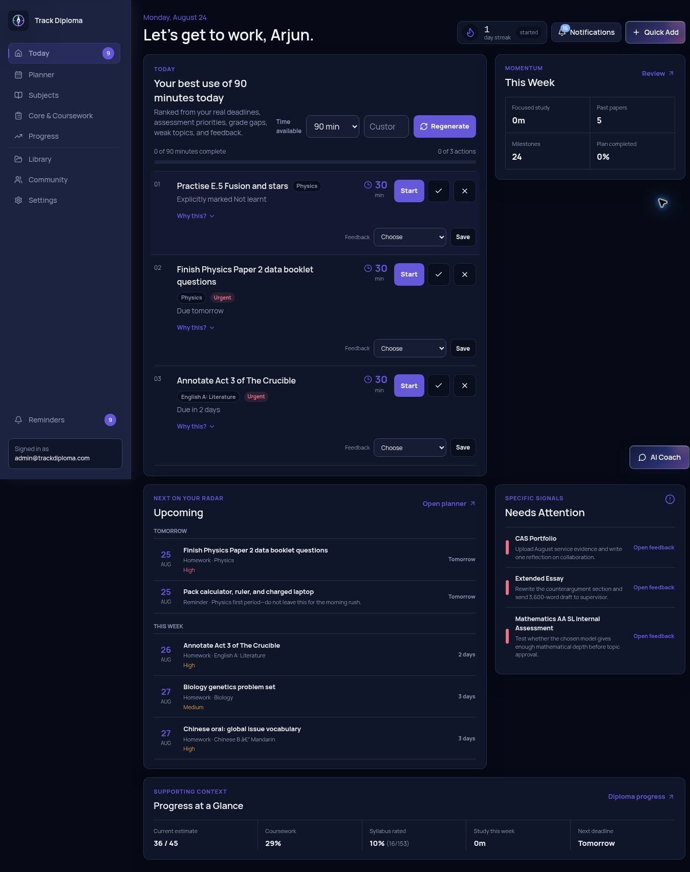 The Track Diploma dashboard with priorities, upcoming deadlines and progress at a glance.
